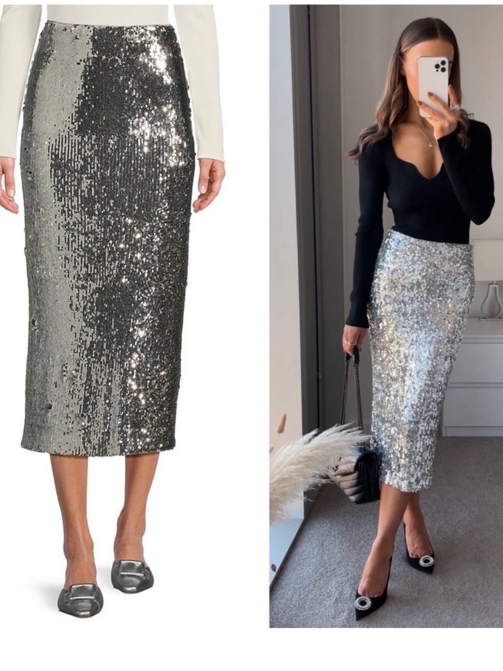 NEW! Antonio Melani Iman Silver Sequin High Rise Pencil Midi Skirt Size 0 NWT